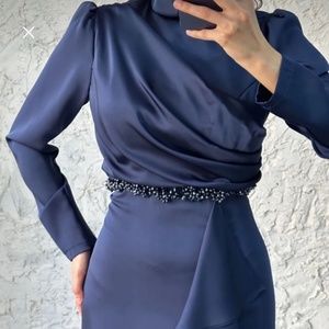 Navy blue satin evening gown
